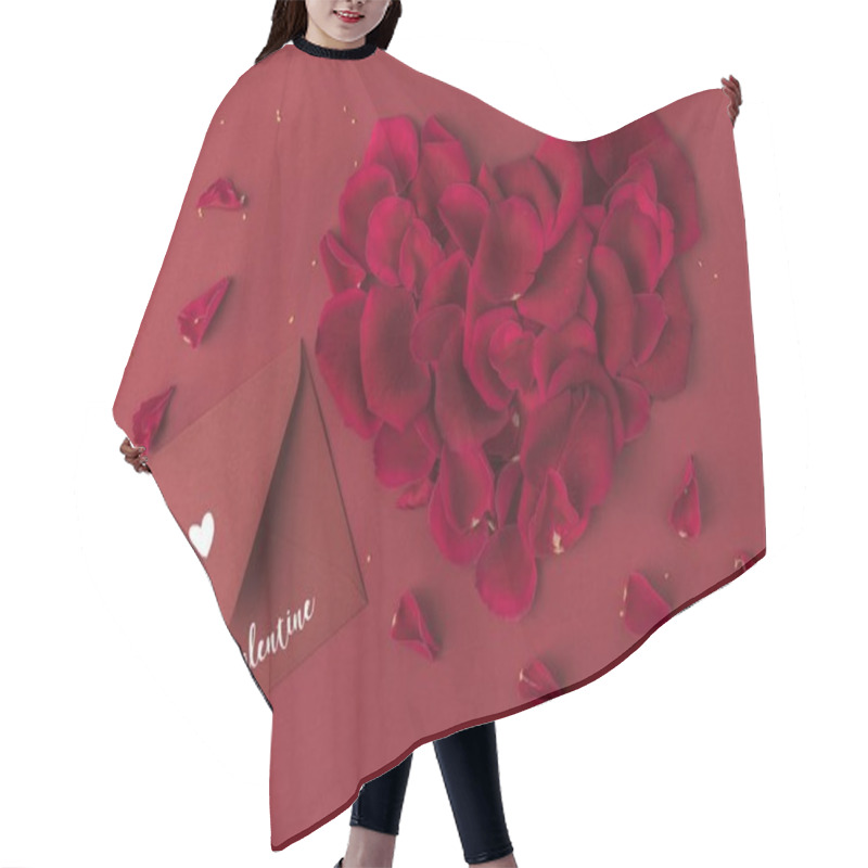 Personality  Top View Of Heart Made Of Roses Petals And Envelope Isolated On Red, St Valentines Day Concept Hair Cutting Cape