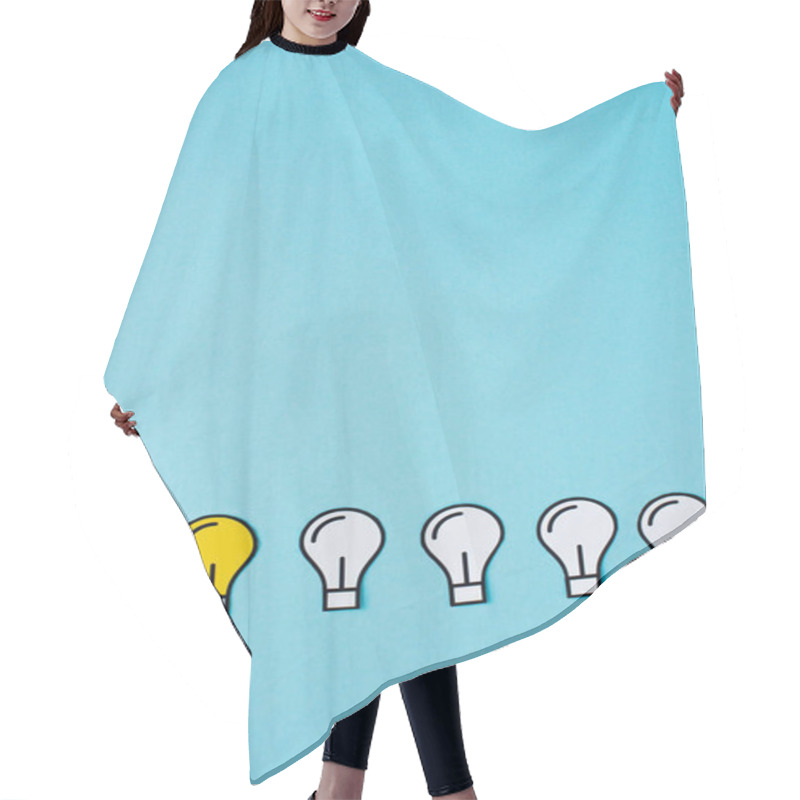 Personality  Flat Lay With Paper Light Bulbs On Blue Background, Business Concept Hair Cutting Cape