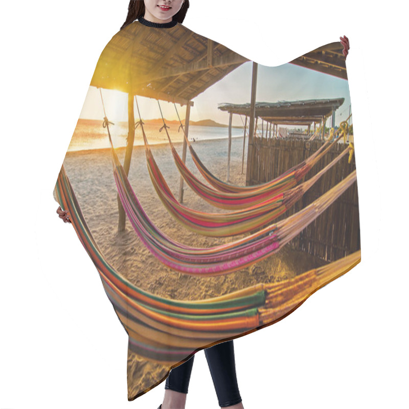 Personality  Hammocks On A Beach At Sunset. Hair Cutting Cape