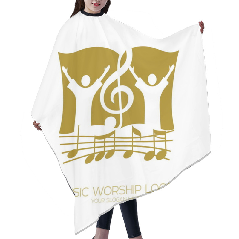 Personality  Music Logo. Christian Symbols. Worshiping God, People And The Treble Clef On The Background Of The Bible Hair Cutting Cape