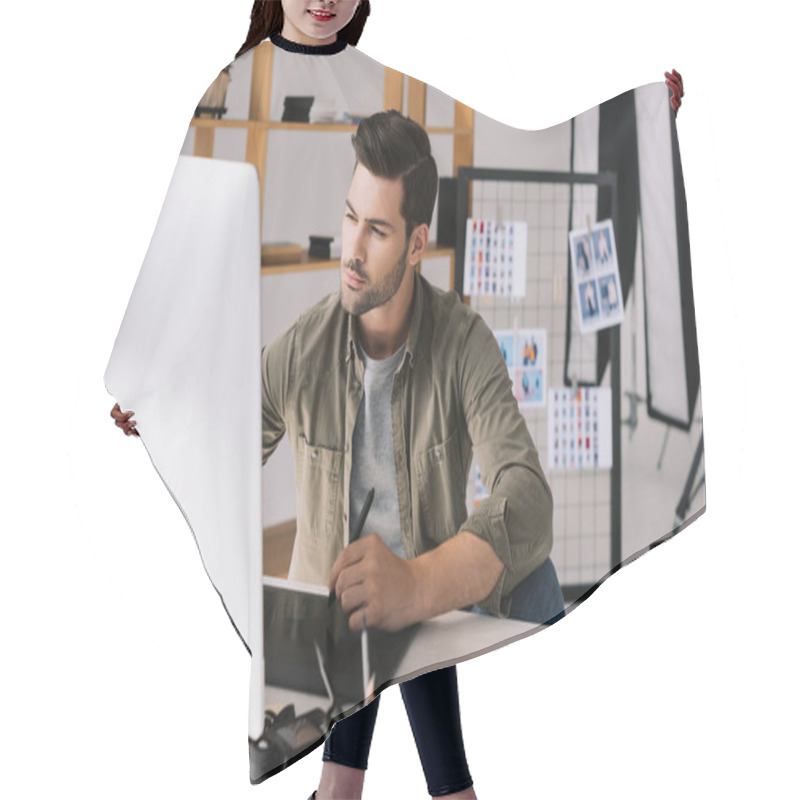 Personality  Photographer Working With Graphics Tablet  Hair Cutting Cape