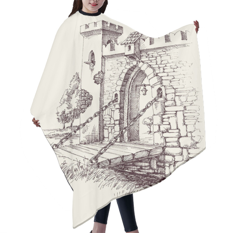 Personality  Old City Citadel Stone Gate, Wooden Bridge Over River Artistic Hand Drawing Hair Cutting Cape