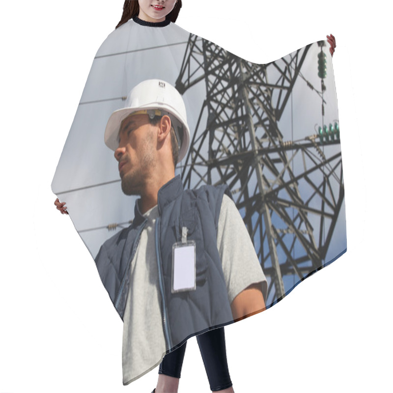 Personality  Worker Standing In Front Of An Electricity Pylon Hair Cutting Cape