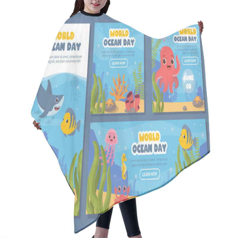 Personality  Ocean Day Banners Set. Octopus, Shark And Fish Near Reefs And Corrals. Underwater Dwellers With Flora And Fauna, Wild Life. Cartoon Flat Vector Collection Isolated On Blue Background Hair Cutting Cape