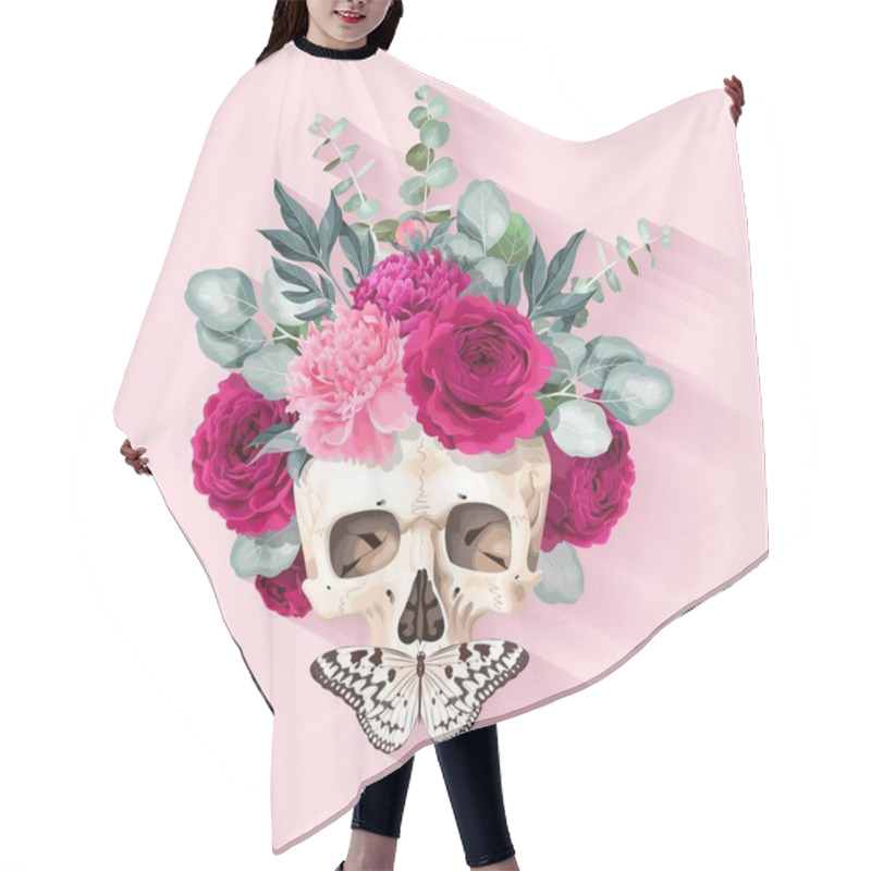 Personality  Vector Illustration With Human Skull And Flowers Hair Cutting Cape