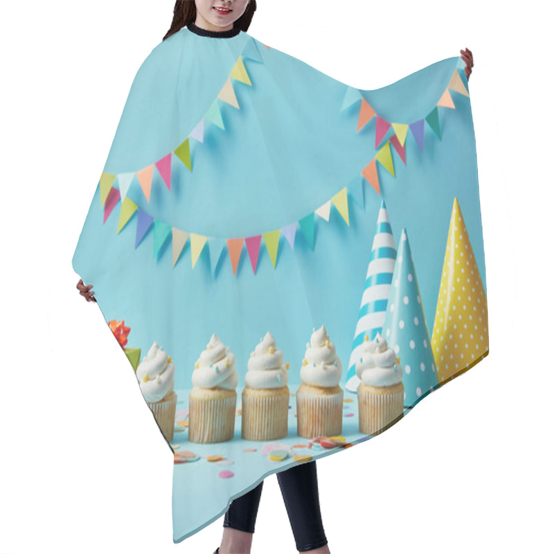 Personality  Delicious Cupcakes With Sugar Sprinkles, Party Hats And Gifts On Blue Background With Colorful Bunting Hair Cutting Cape