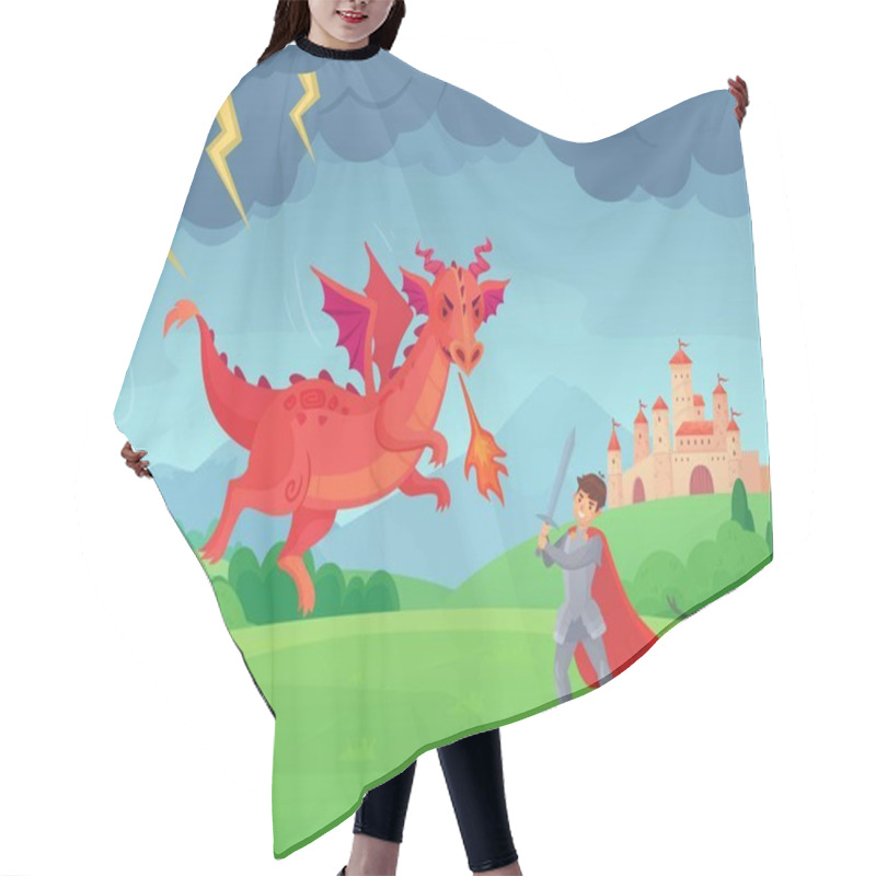 Personality  Cartoon Fairytale Knight Fights Dragon. Swordsman Fighting Evil Monster, Hero Battle With Dragons Medieval Legend Vector Illustration Hair Cutting Cape