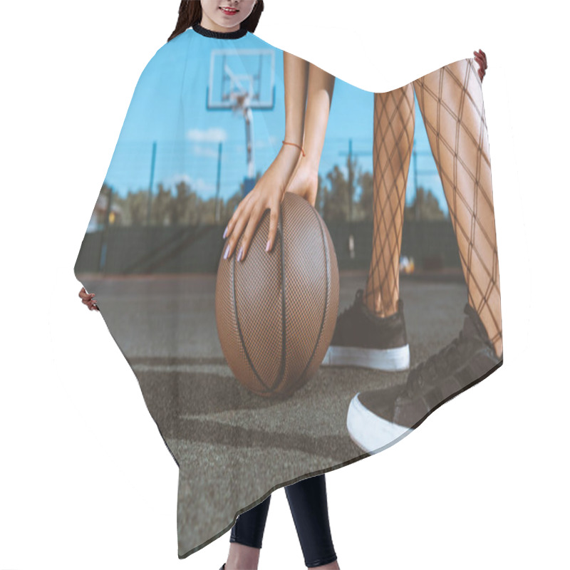 Personality  Woman Placing Basketball On Ground Hair Cutting Cape