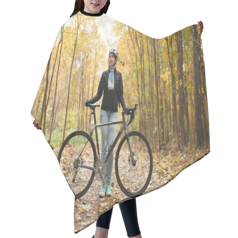 Personality  Image Of Girl In Helmet, Jeans Next To Bicycle In Autumn Park Hair Cutting Cape