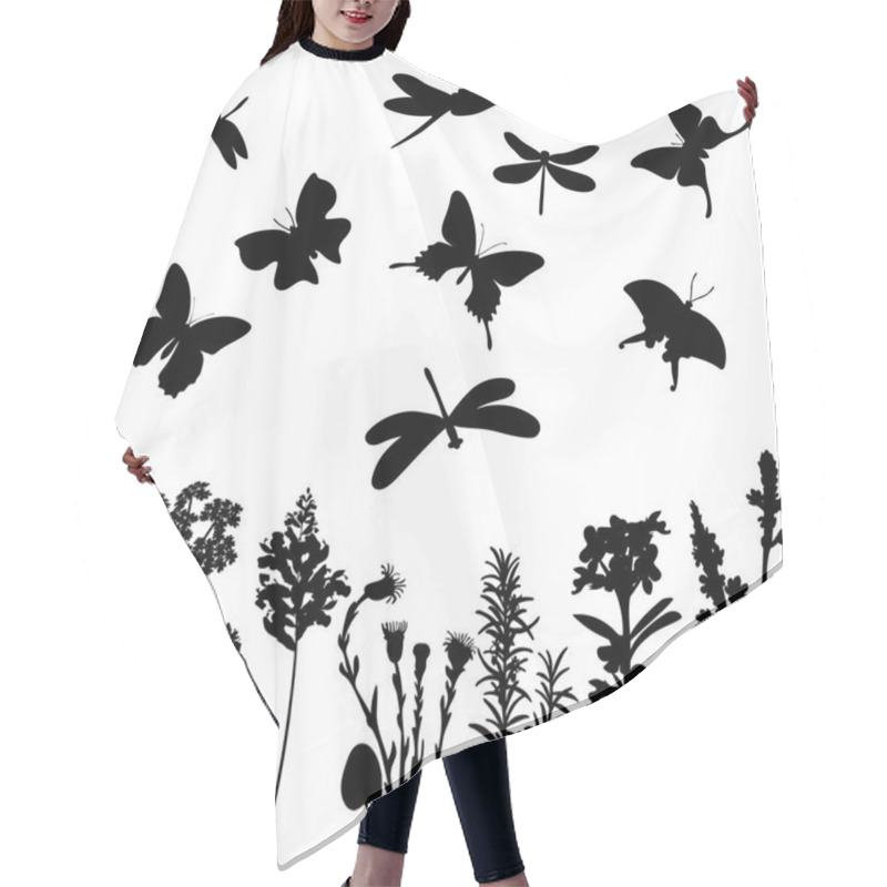 Personality  Silhouettes Of Grass, Dragonflies And Butterflies Isolated Hair Cutting Cape