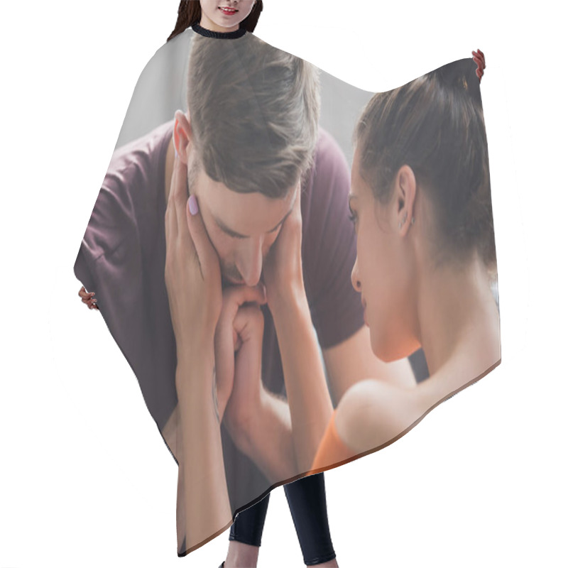 Personality  Tender Woman Calming Sad Man By Touching His Face Hair Cutting Cape