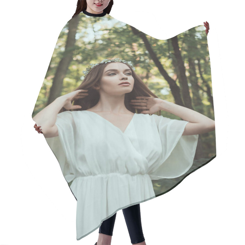 Personality  Young Tender Woman Posing In White Dress And Floral Wreath In Forest Hair Cutting Cape