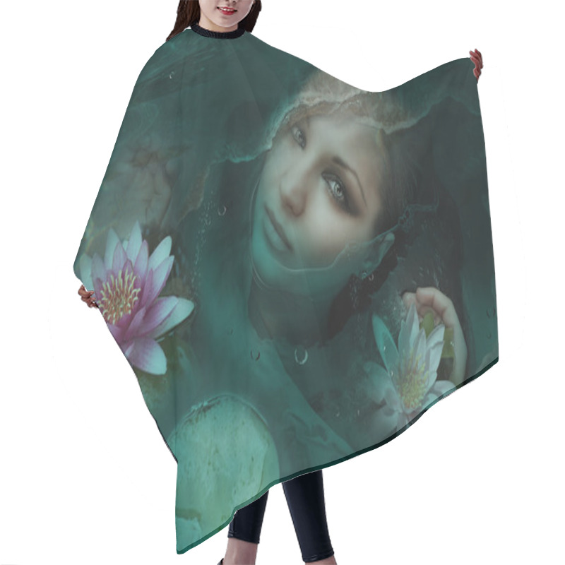 Personality  Deep Eyes. Purification. Beautiful Woman In Water With Lotus Flo Hair Cutting Cape