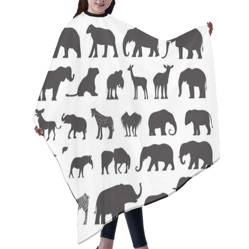 Personality  Silhouettes Of Various Animals Including Elephants, Giraffes, And Zebras In A Striking Black And White Design. Hair Cutting Cape