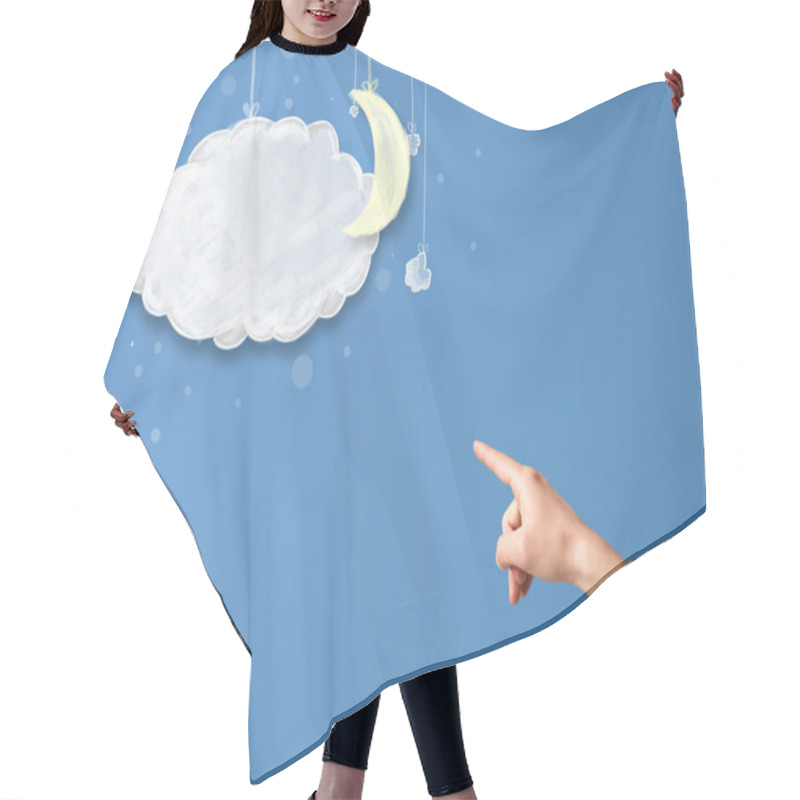 Personality  Hand Pointing At Cartoon Night Clouds With Moon  Hair Cutting Cape