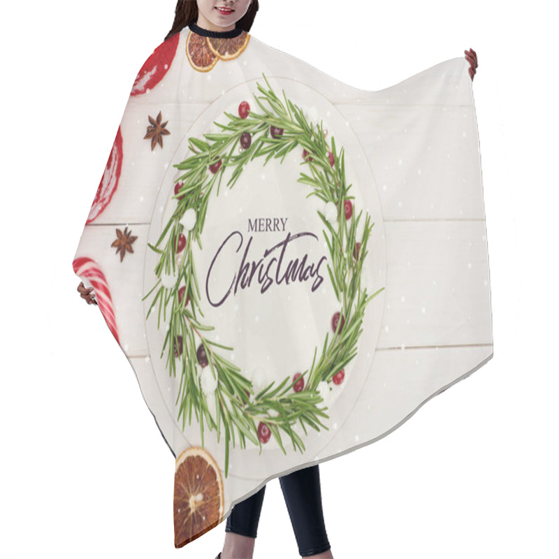 Personality  Top View Of Candy Canes, Two Cups Of Cocoa And Christmas Pie With Merry Christmas Illustration On White Wooden Table  Hair Cutting Cape