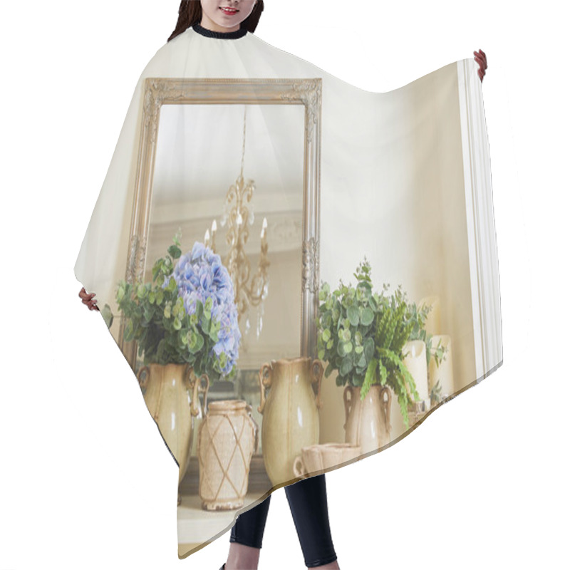 Personality  Mirror, Beige Set With And Flowers On Shelf  Hair Cutting Cape