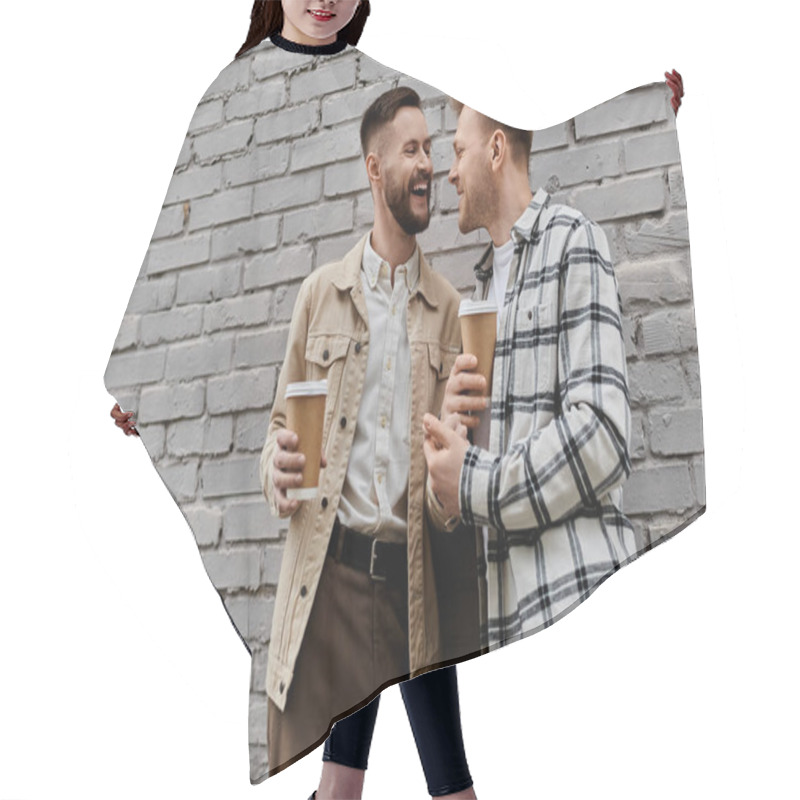 Personality  Two Men In Casual Attire Standing Outdoors, Happily Holding Beers. Hair Cutting Cape