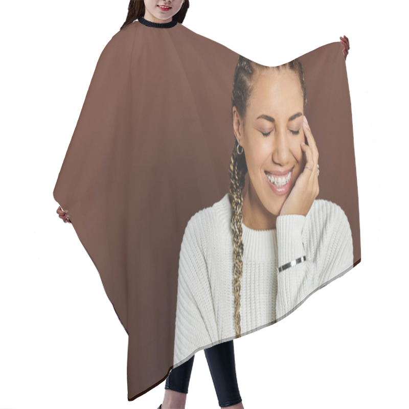 Personality  A Young Woman Radiates Happiness In Stylish Autumn Attire, Embracing The Beauty Of The Season. Hair Cutting Cape