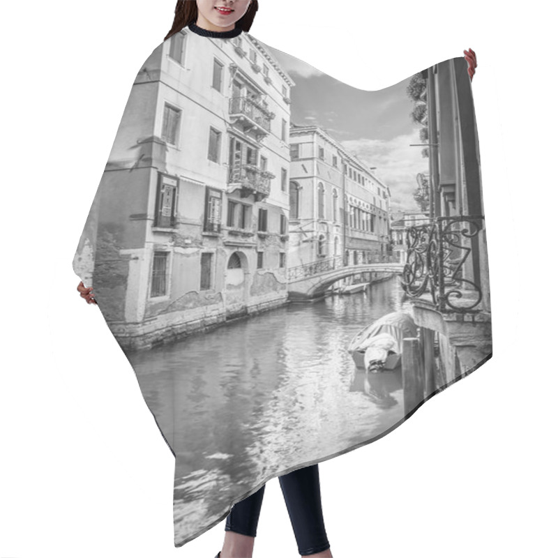 Personality  B&W Narrow Canal With Silky Water In Venice, Italy Hair Cutting Cape