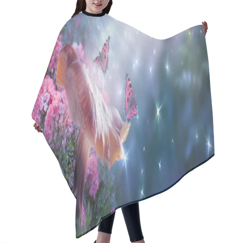 Personality  Fantasy Mushroom And Butterflies In Magical Enchanted Fairy Tale Dreamy Elf Forest With Fabulous Fairytale Blooming Pink Rose Flower On Mysterious Background, Shiny Glowing Stars, Moon Rays In Night Hair Cutting Cape