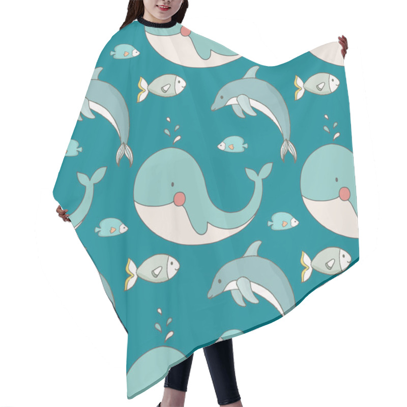 Personality  Watercolor Doodle Fishes Seamless Pattern On Cyan Blue Background For Fabric, Paper, Scrapbooking, Wrapping Hair Cutting Cape