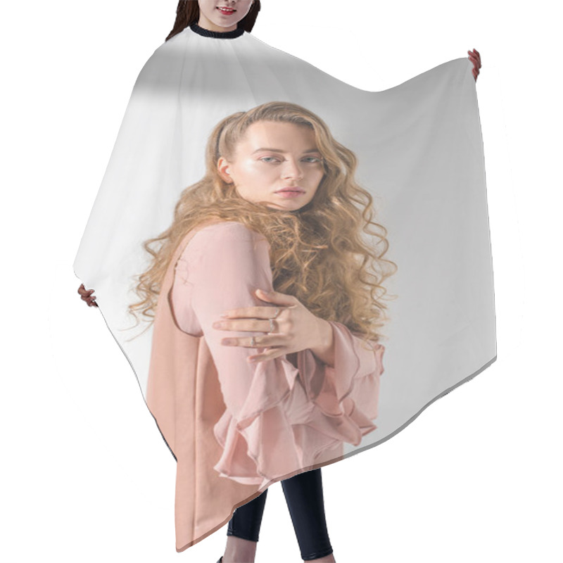 Personality  Confident Girl With Curly Hair Standing And Posing For Fashion Shoot Hair Cutting Cape