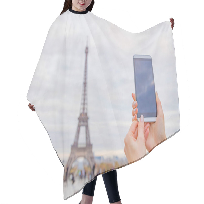 Personality  Girl Using Cellphone With Paris City Background And Eiffel Tower. Hair Cutting Cape