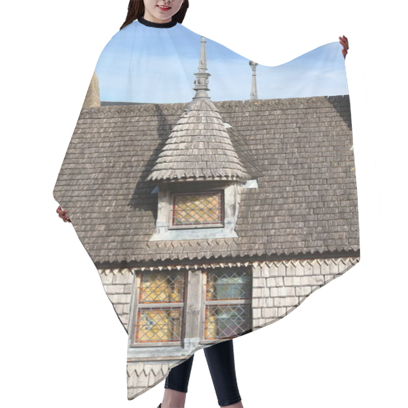 Personality  Mont-Saint-Michel, France-October 19, 2020: Detail Of XV Century Historic Building ''L'Artichaut'' Of Wooden-shake Clad Walls And High -pitch, Wood-shingle Roof With Dormer, Seen From The Ramparts. Hair Cutting Cape