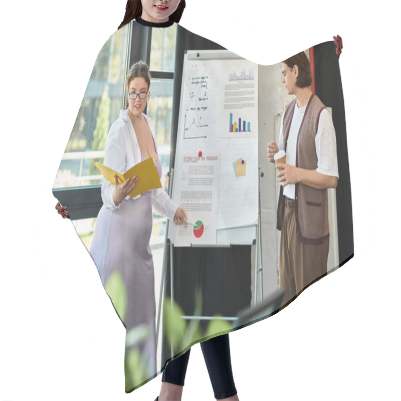 Personality  A Confident Young Woman Engages Her Male Friend With A Business Presentation In An Office Setting. Hair Cutting Cape