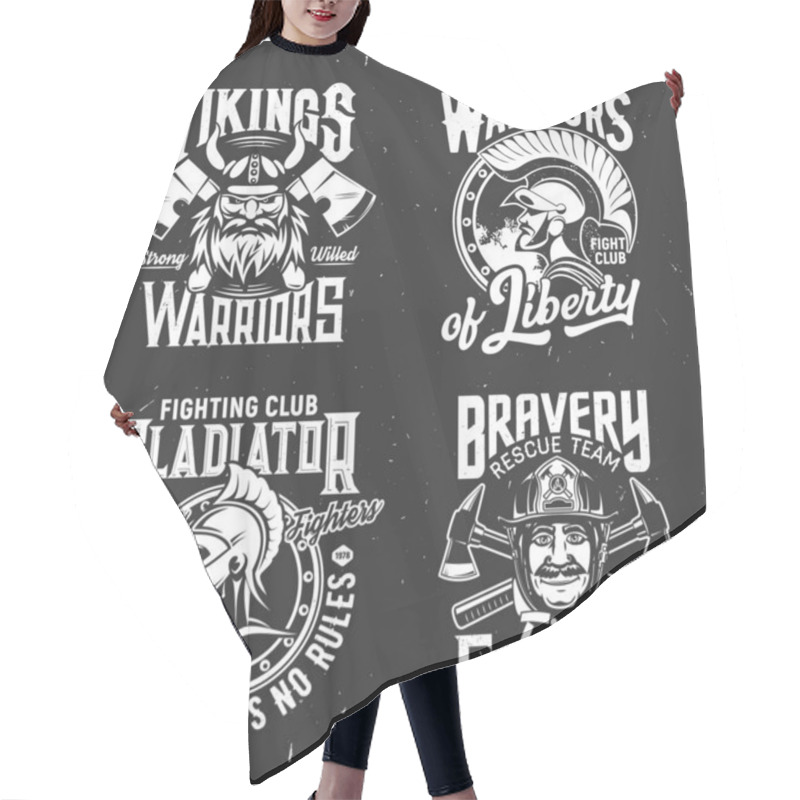 Personality  Tshirt Prints With Viking, Gladiator, Fire Fighter And Ancient Warrior, Vector Mascots For Apparel Design. Isolated Labels With Typography. Monochrome T Shirt Prints, Emblem For Men Club Or Team Set Hair Cutting Cape