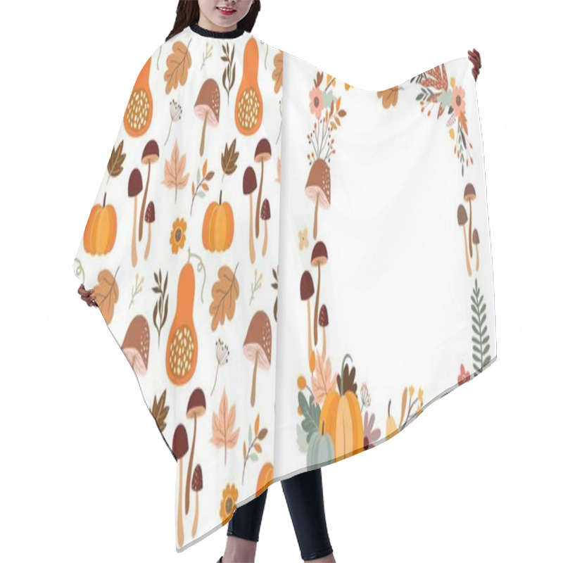 Personality  Autumn Set Including Decorative Seamless Pattern,  Wallpaper, Background With Different Elements, Plants, Mushrooms, Pumpkins And Greeting Card With  Seasonal Frame Design Hair Cutting Cape