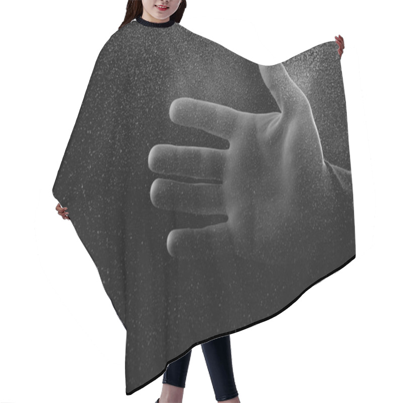 Personality  Cropped Shot Of Person Showing Palm Through Frosted Glass In Darkness  Hair Cutting Cape