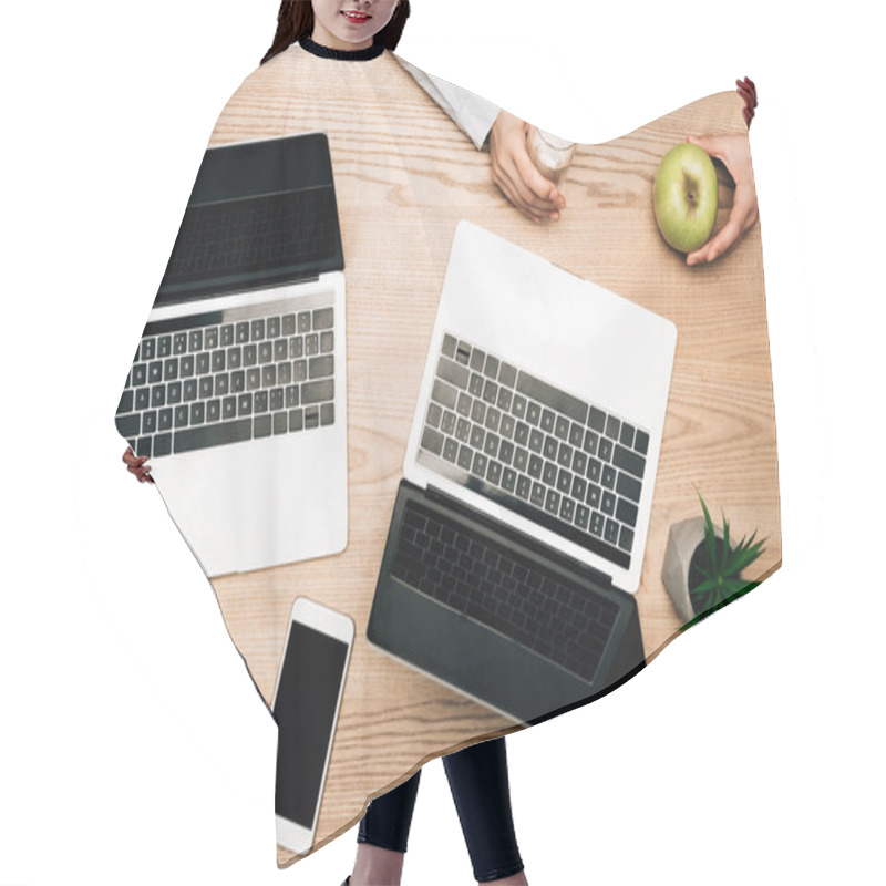 Personality  Top View Of Businessman Holding Apple And Glass Of Water By Laptops And Clipboard On Table Hair Cutting Cape