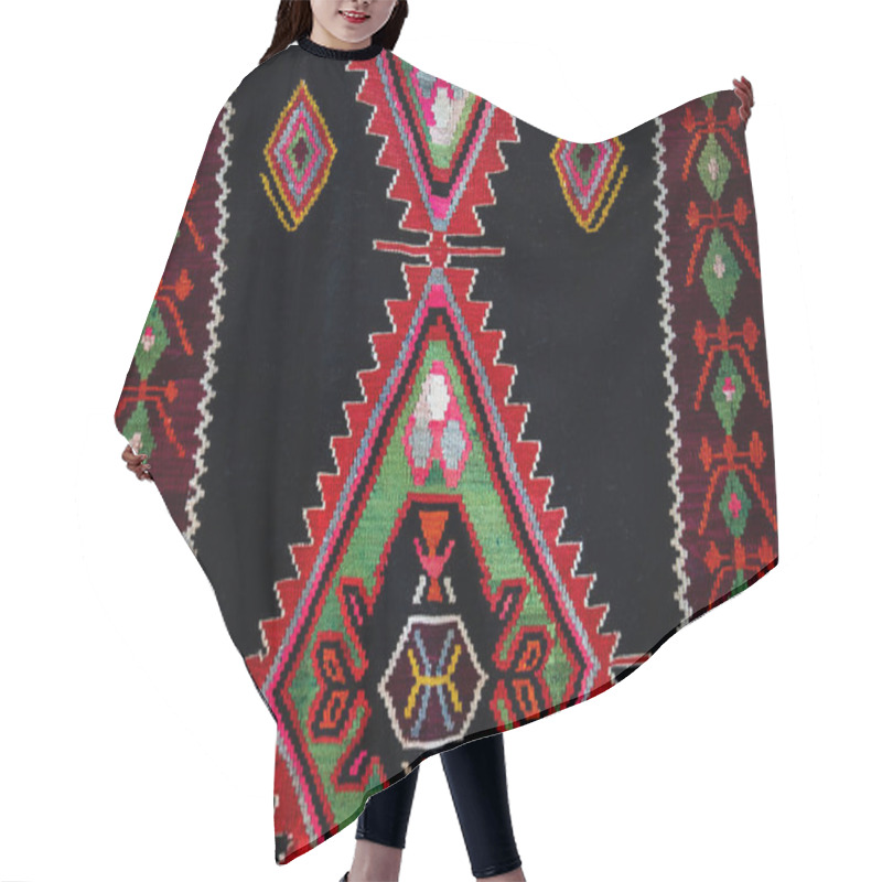 Personality  Traditional Rug With Intricate Geometric Patterns In Red, Orange, Yellow, Pink, And Black. Symmetrical Shapes And Vibrant Colors Create A Rich Tapestry Design, Bordered By Bold, Contrasting Edges. Hair Cutting Cape