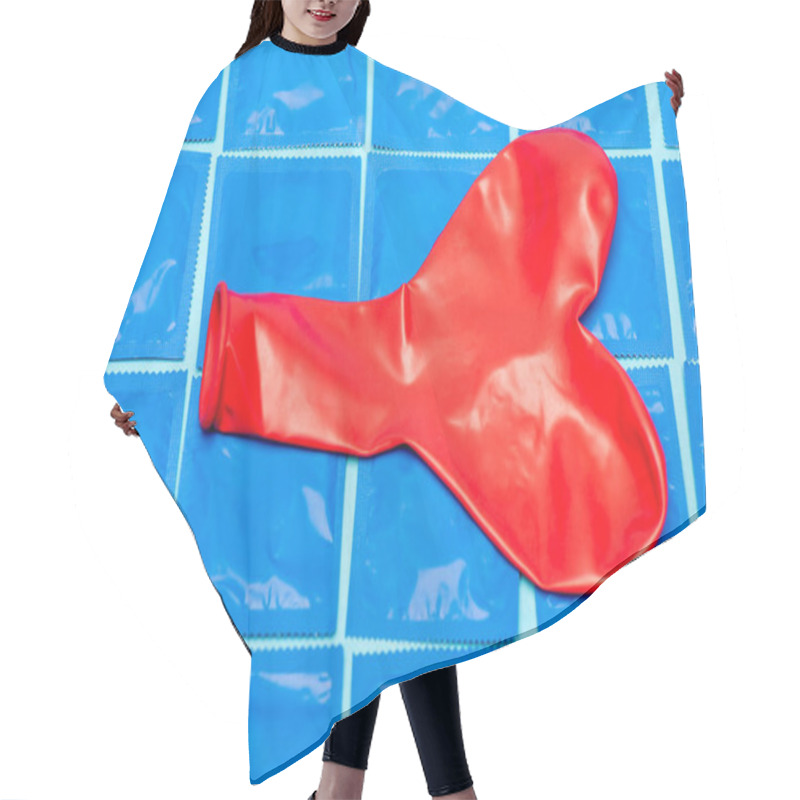 Personality  Red Heart-shaped Balloon On Packs With Condoms Isolated On Blue Hair Cutting Cape