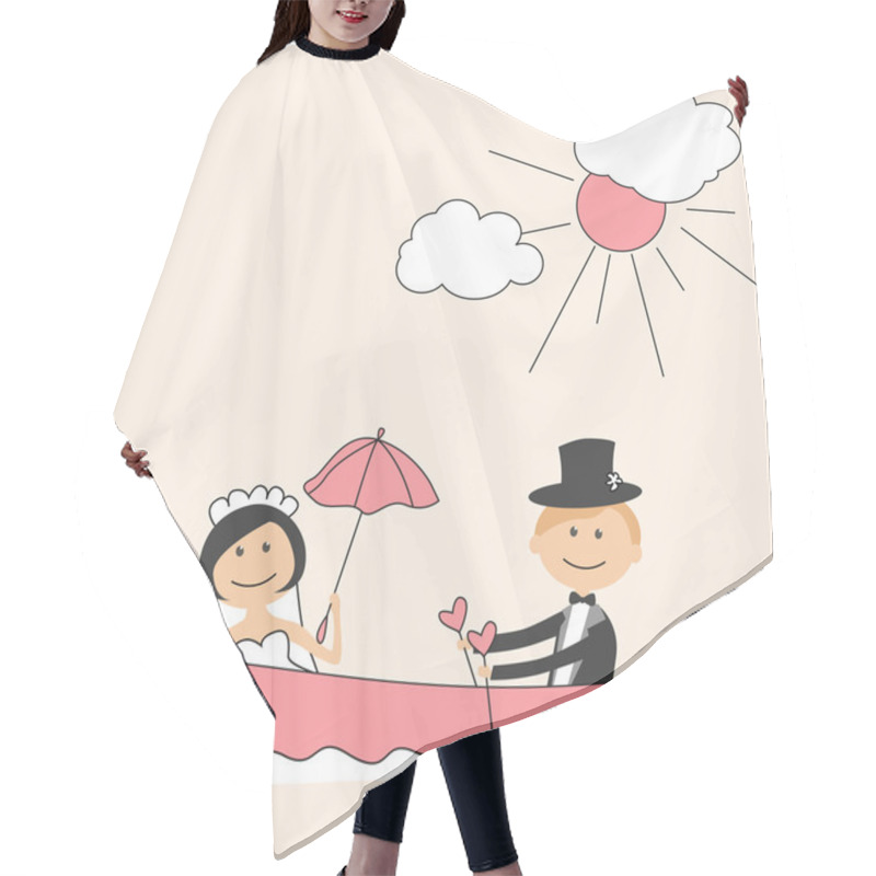 Personality  Wedding Invitation With Funny Bride And Groom In Boat Hair Cutting Cape