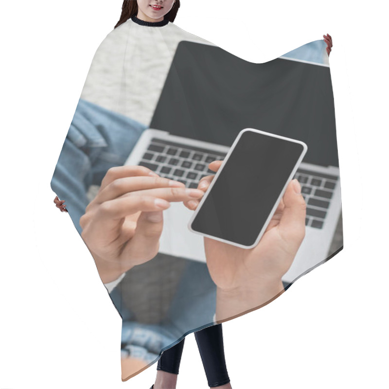 Personality  Top View Of African American Student Holding Smartphone With Blank Screen Near Laptop While Studying From Home  Hair Cutting Cape