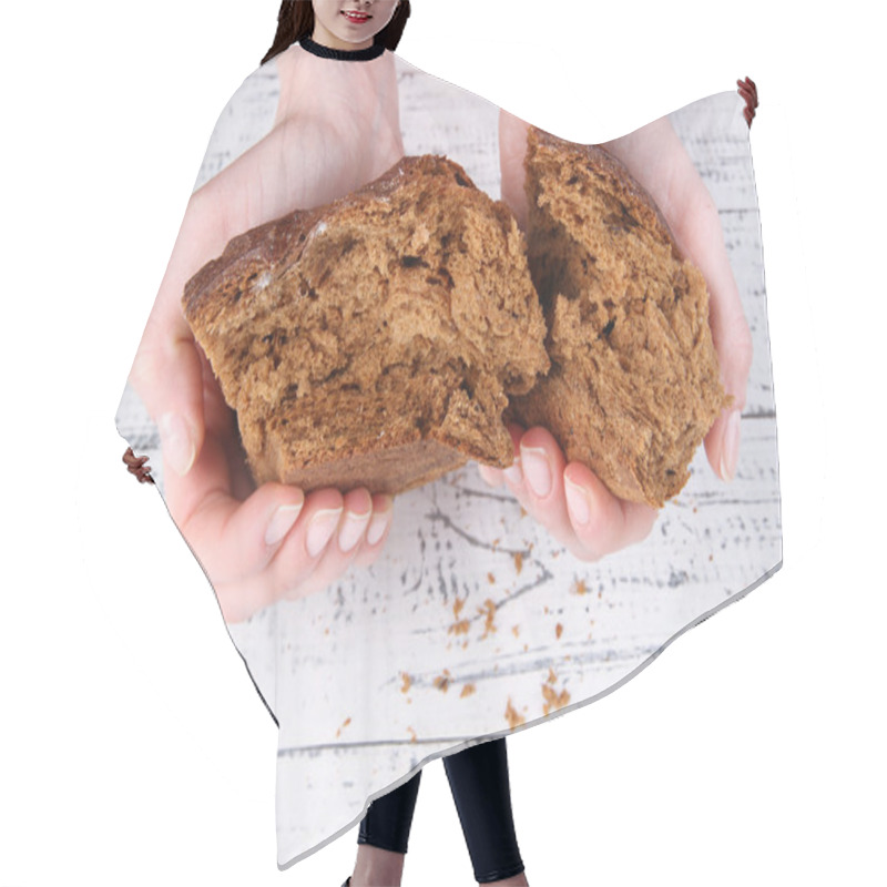 Personality  Hands Breaking Bread On Wooden Background Hair Cutting Cape