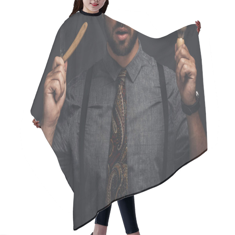 Personality  Man Holding Razor And Shaving Brush Hair Cutting Cape