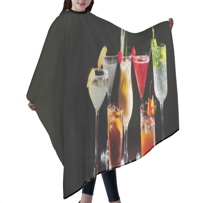 Personality  Set Of Zesty Cocktails With Fresh Decorations On Black Background, Concept, Banner Hair Cutting Cape