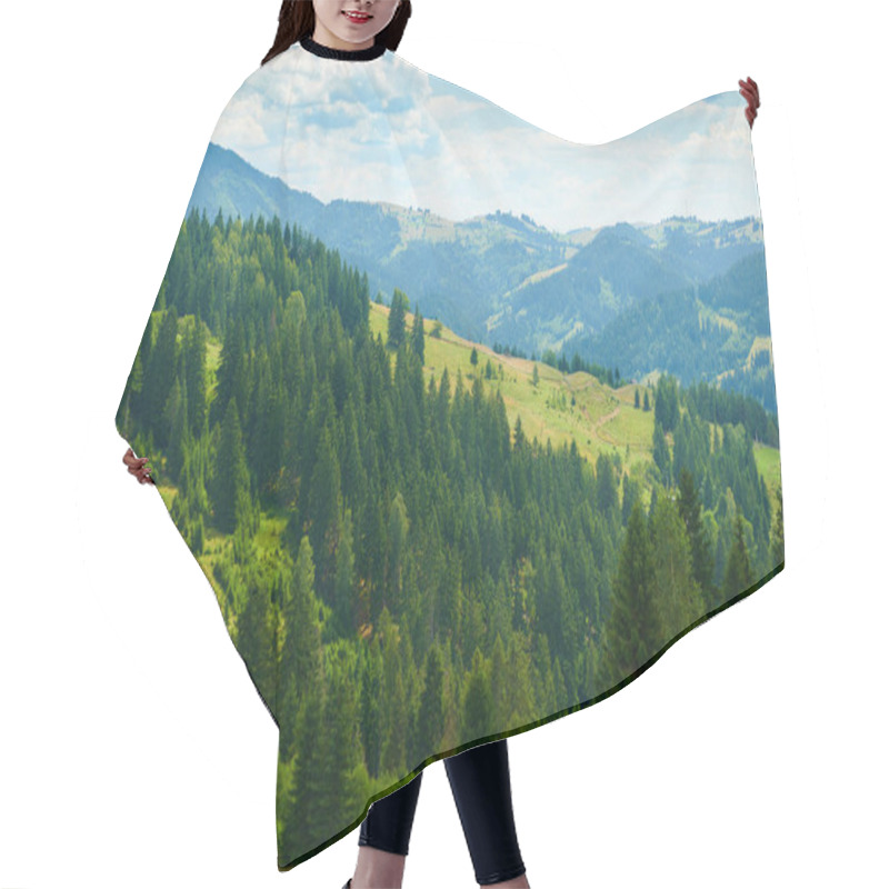 Personality  Beautiful Summer Landscape, High Spruces On Hills, Blue Cloudy Sky And Wildflowers - Travel Destination Scenic, Carpathian Mountains Hair Cutting Cape