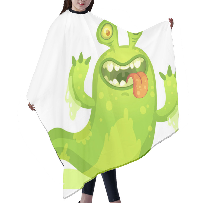 Personality  Slimy Green Cartoon Monster With Two Eyes, A Long Tail Sticking Out Its Tongue And Showing Sharp Teeth While Standing On A Puddle Of Slime Hair Cutting Cape