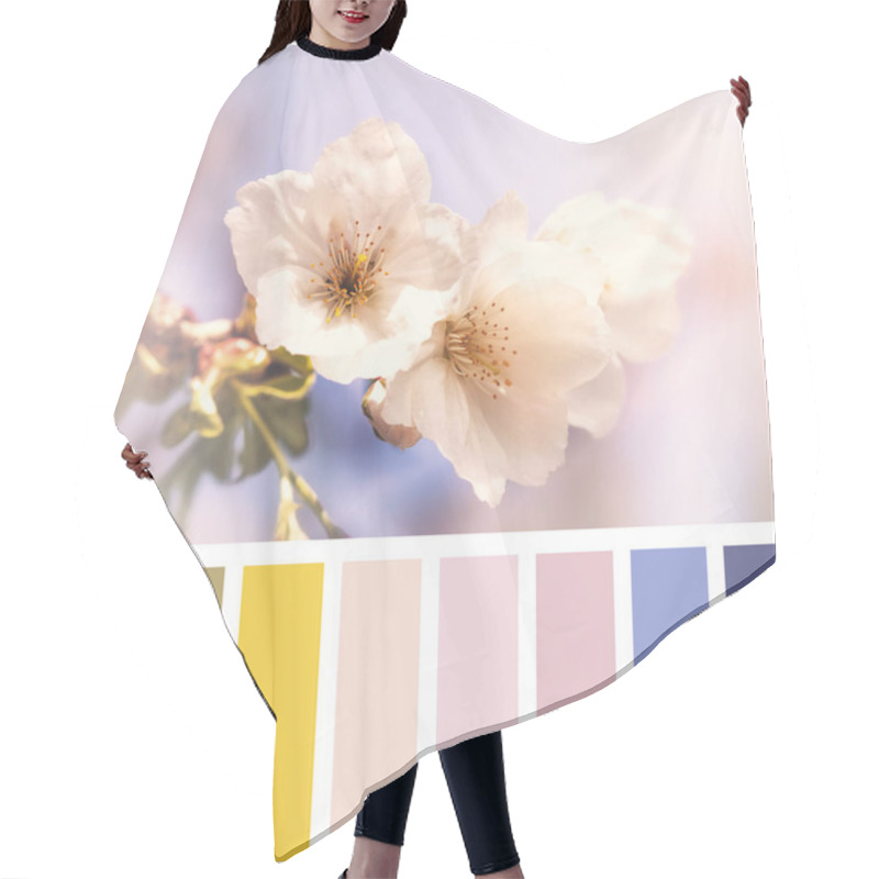 Personality  Cherry Blossom In Springtime With Colour Palette Of Complimentary Colour Swatches. Hair Cutting Cape