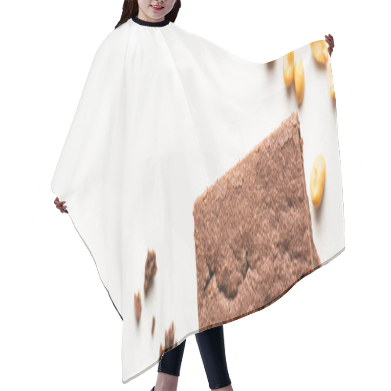 Personality  Top View Of Delicious Brownie Pieces And Peanuts On White Background, Panoramic Shot Hair Cutting Cape