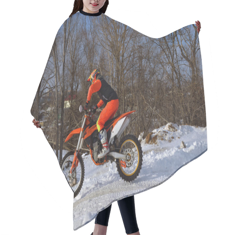 Personality  MX Winter Motocross Racer On A Motorcycle Arrives On A Snowy Hil Hair Cutting Cape