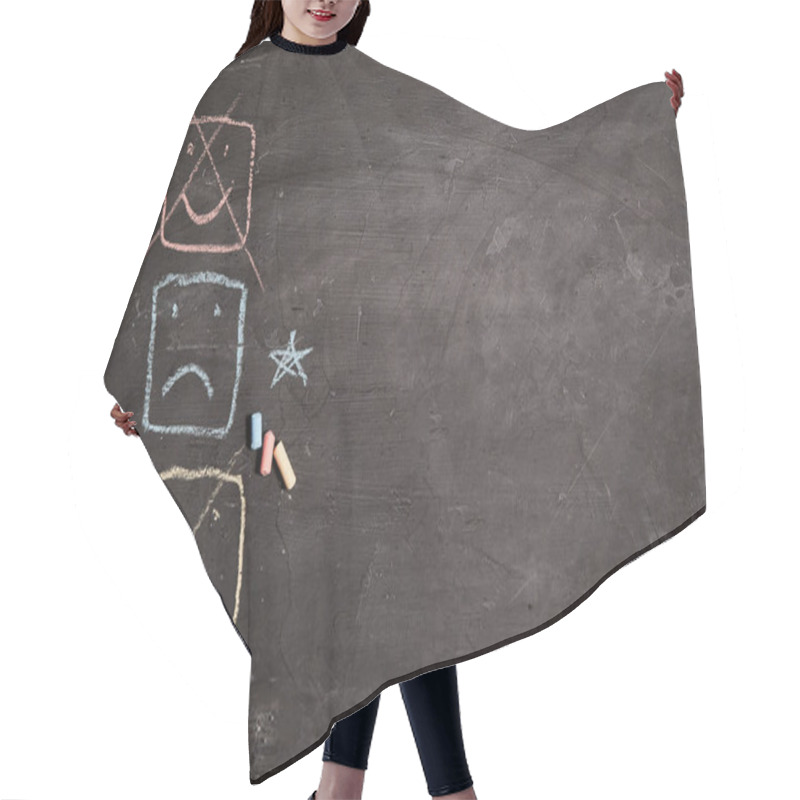 Personality  Customer Experience, Rating And Rate. Client And Customer Service. Bad Or Good Service. Sad Smiley On A Blackboard Hair Cutting Cape