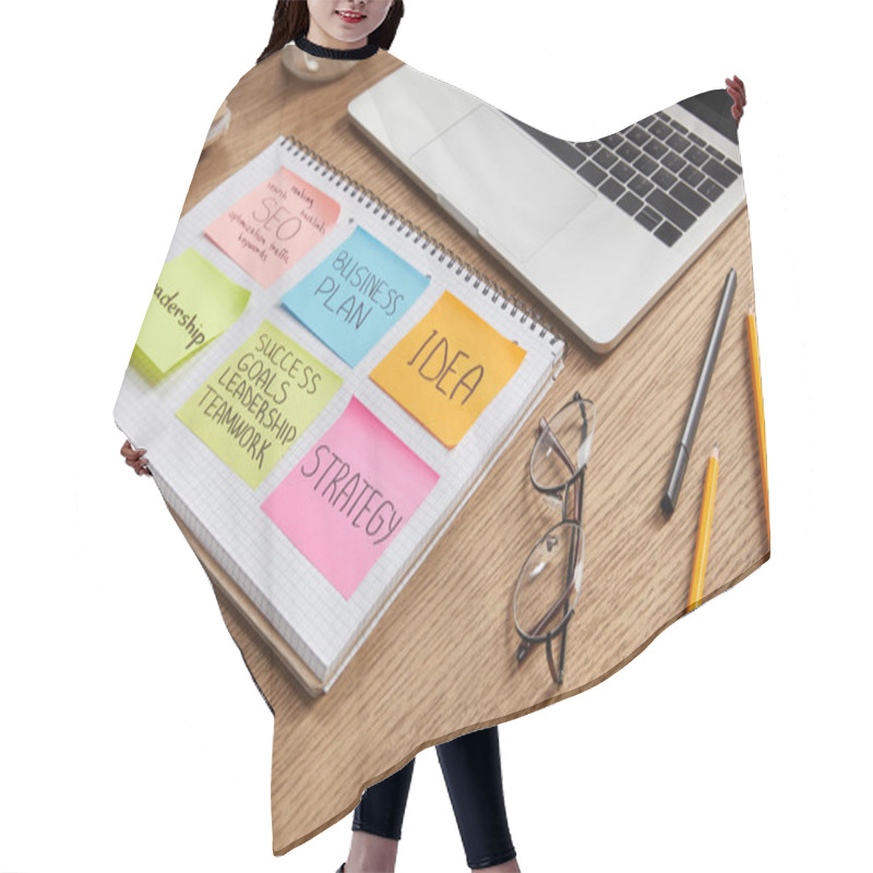 Personality  Paper Stickers With Business Strategy On Notebook And Laptop On Tabletop Hair Cutting Cape