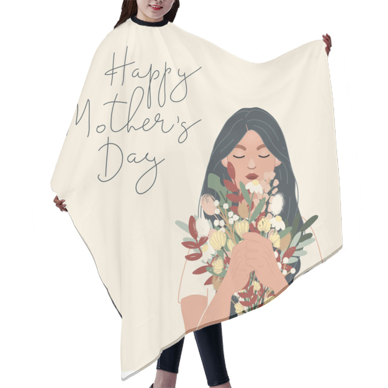 Personality  Illustration Of Woman Holding Bouquet Of Flowers Near Happy Mothers Day Lettering On Beige Hair Cutting Cape