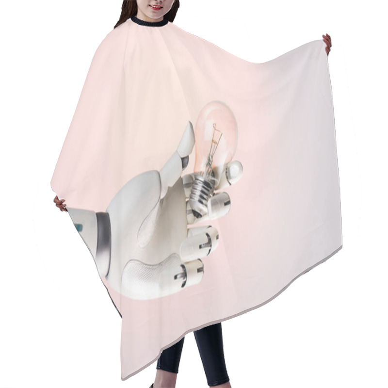 Personality  Robot Hand Holding Lamp Isolated On Beige Hair Cutting Cape